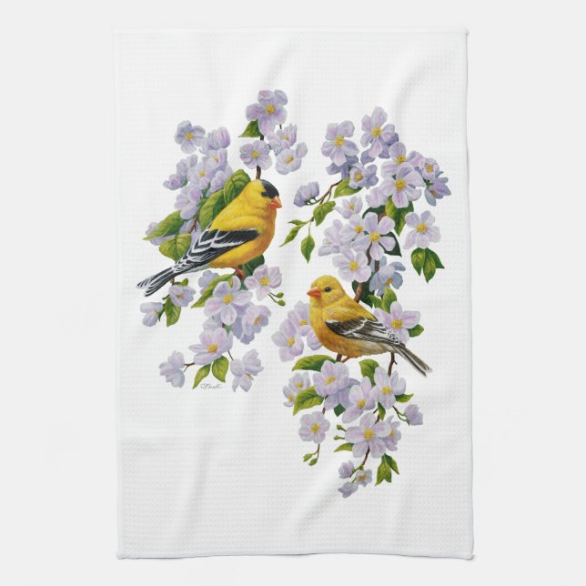 Goldfinch Birds & Blume U-Pick Hintergrundfarbe Geschirrtuch (Vertikal)
