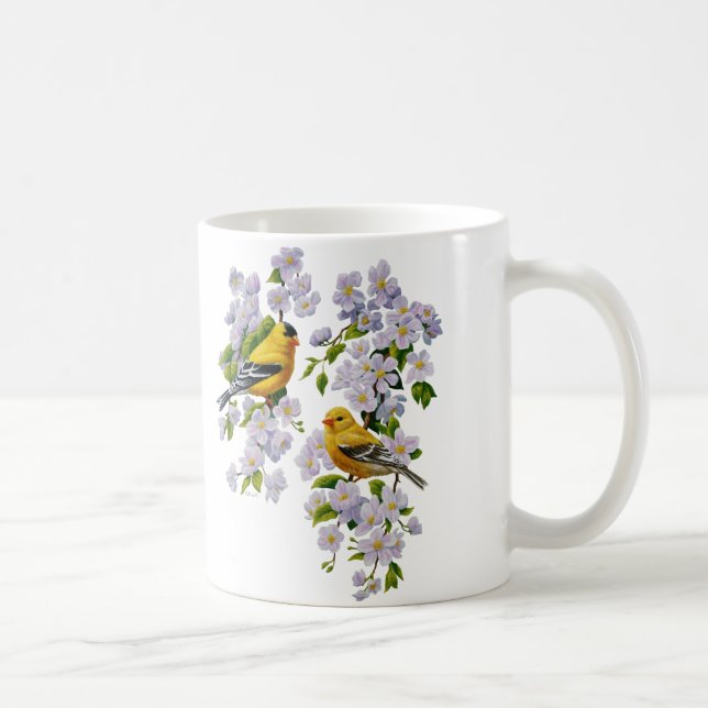Goldfinch Birds & Blume U-Pick Hintergrundfarbe Kaffeetasse (Rechts)