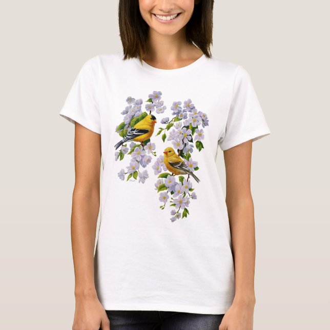 Goldfinch Birds & Blume U-Pick Hintergrundfarbe T-Shirt (Vorderseite)