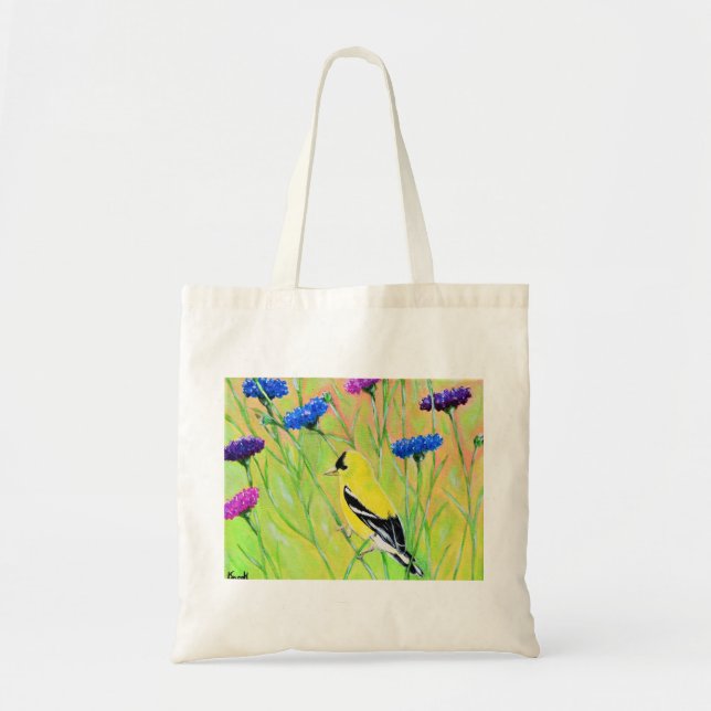 Goldfinch in Wildblumen Malerei Tragetasche (Vorne)