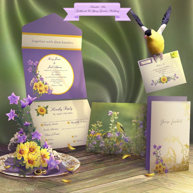 Goldfinch Spring Garden Wedding Cream All In One Einladung (Spring into your wedding with Arisdale Arts Goldfinch Garden and Spring Garden Collection set.)