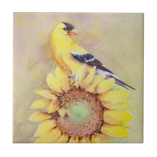 GOLDFINCH u. SONNENBLUME durch SHARON SHARPE Fliese (Vorderseite)