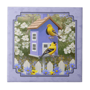 Goldfinches und Niedlicher Birdhouse Lavender Fliese