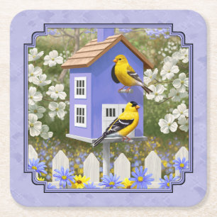 Goldfinches und Niedlicher Birdhouse Lavender Rechteckiger Pappuntersetzer
