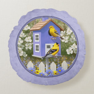 Goldfinches und Niedlicher Birdhouse Lavender Rundes Kissen