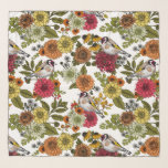 Goldfinken im Garten Schal<br><div class="desc">Von Hand gezeichnet Goldflossen auf Bouquets und Blätter- Dahlien,  Chrysanthemen,  Kalendula,  Efeu und Farne</div>