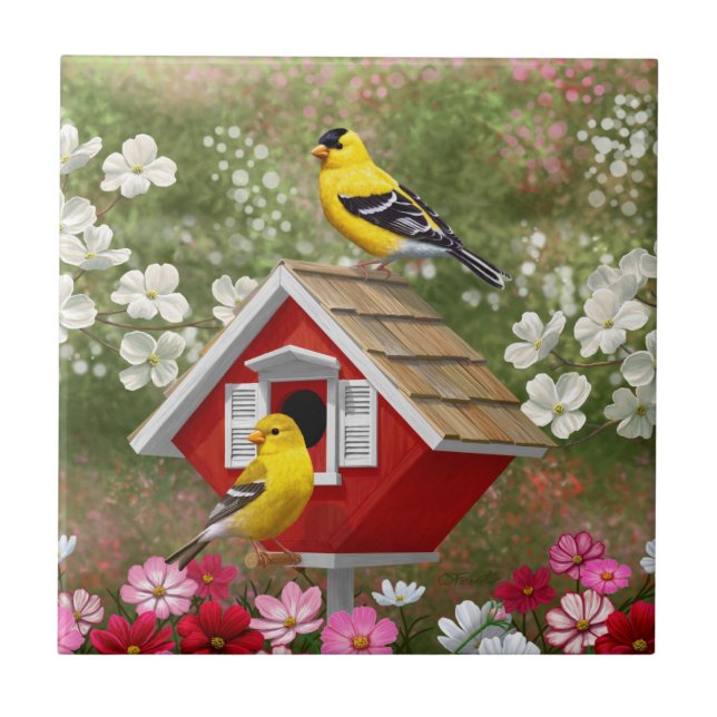 Goldfinken und Niedliche Hütte Birdhouse Fliese (Vorderseite)