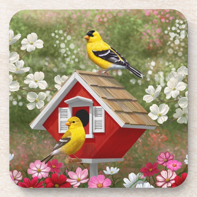 Goldfinken und Niedliche Hütte Birdhouse Getränkeuntersetzer (Vorderseite)