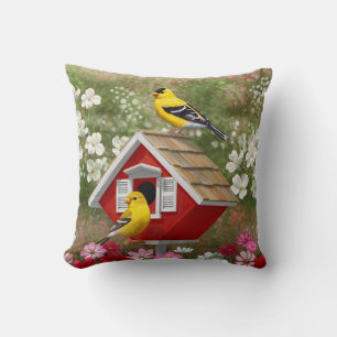 Goldfinken und Niedliche Hütte Birdhouse Kissen