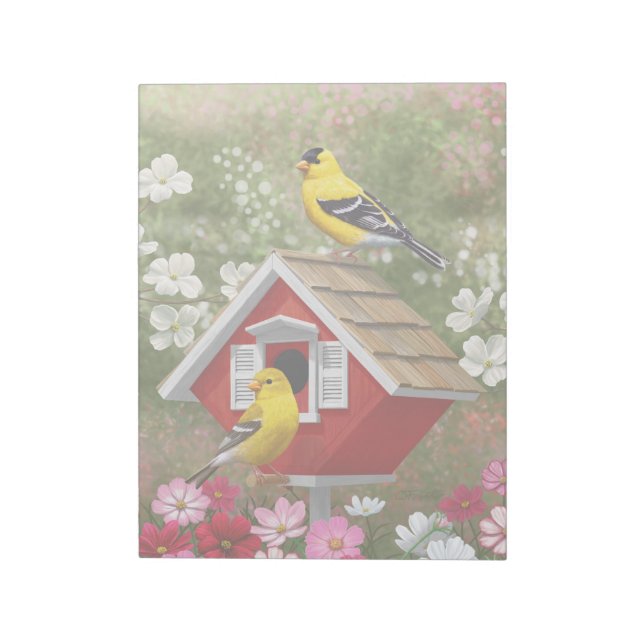 Goldfinken und Niedliche Hütte Birdhouse Notizblock (Rotiert)