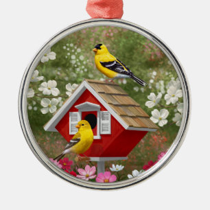 Goldfinken und Niedliche Hütte Birdhouse Ornament Aus Metall