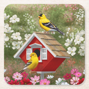 Goldfinken und Niedliche Hütte Birdhouse Rechteckiger Pappuntersetzer