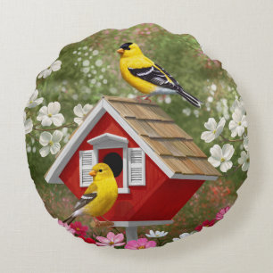 Goldfinken und Niedliche Hütte Birdhouse Rundes Kissen