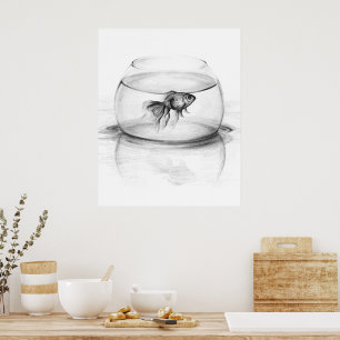 Goldfisch in einer Schale und Wasser Bleistiftzeic Poster