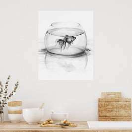 Goldfisch in Schüssel und Wasserstift zeichnend Ku Poster