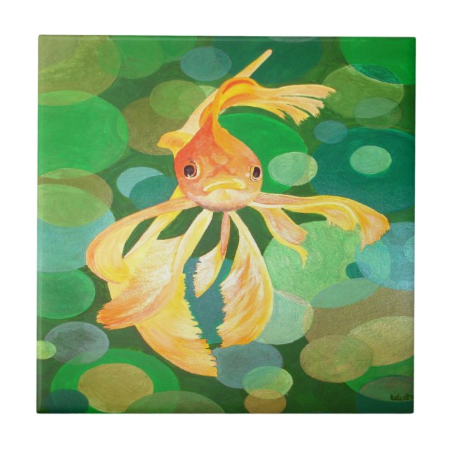 Goldfisch-Vermilion, die in grünen Blasen schwimme Fliese (Vorderseite)