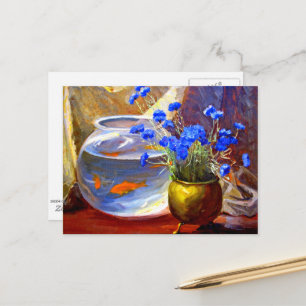 Goldfischglas und Blumen Postkarte