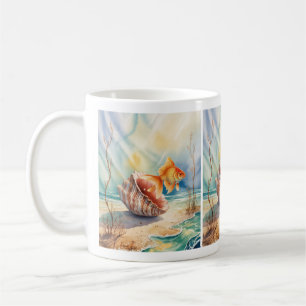 Goldfish in Aquarellfarben in KorallenMuschel Kaffeetasse