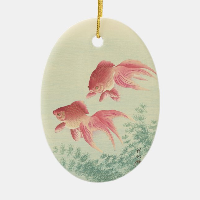 Goldfish Vintager Japanischer Holzblock Keramik Ornament (Vorne)