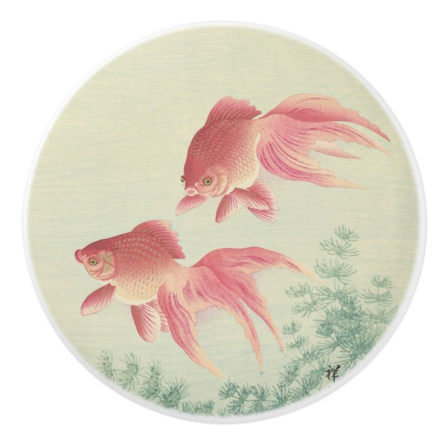 Goldfish Vintager Japanischer Holzblock Keramikknauf (Vorderseite)