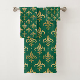 Goldfleur-de-lis-nahtloses Muster auf grün Badhandtuch Set