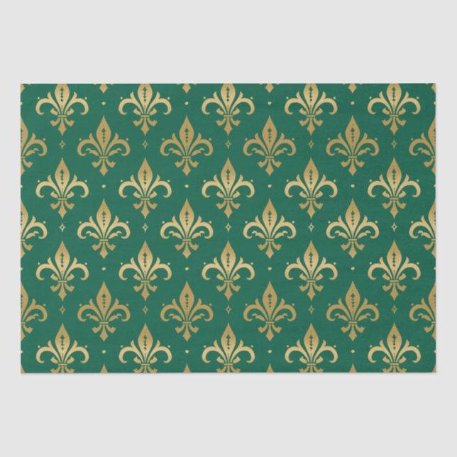 Goldfleur-de-lis-nahtloses Muster auf grün Seidenpapier (Vorderseite)