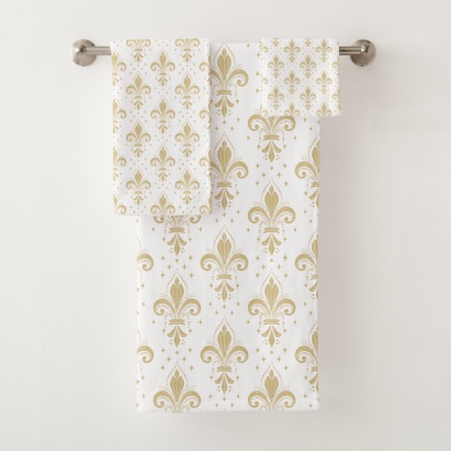Goldfleur-de-lis-nahtloses Muster auf weiß Badhandtuch Set (Insitu)