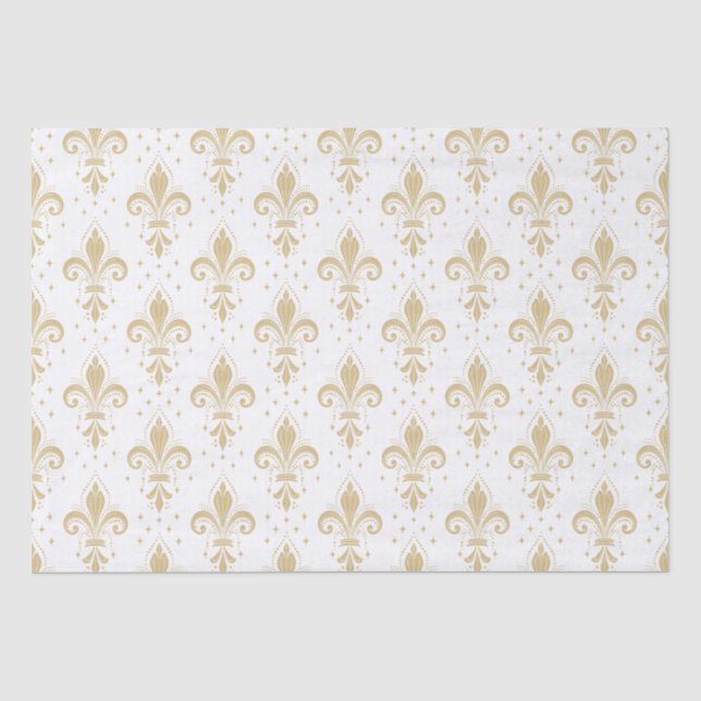 Goldfleur-de-lis-nahtloses Muster auf weiß Seidenpapier (Vorderseite)