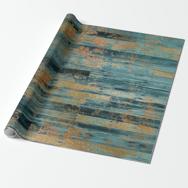 Goldflor und blauer rustikaler Holz Geschenkpapier (Ungerollt)