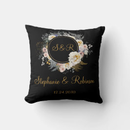 Goldfloral auf schwarzen Monogramm-Hochzeitspulpe Kissen