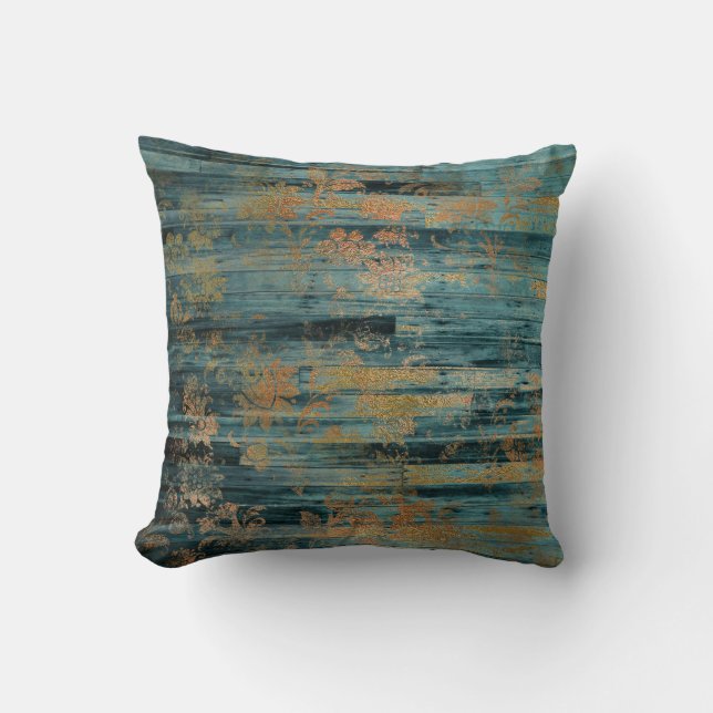 Goldfloral und blaues rustikales Holz Kissen (Vorderseite)