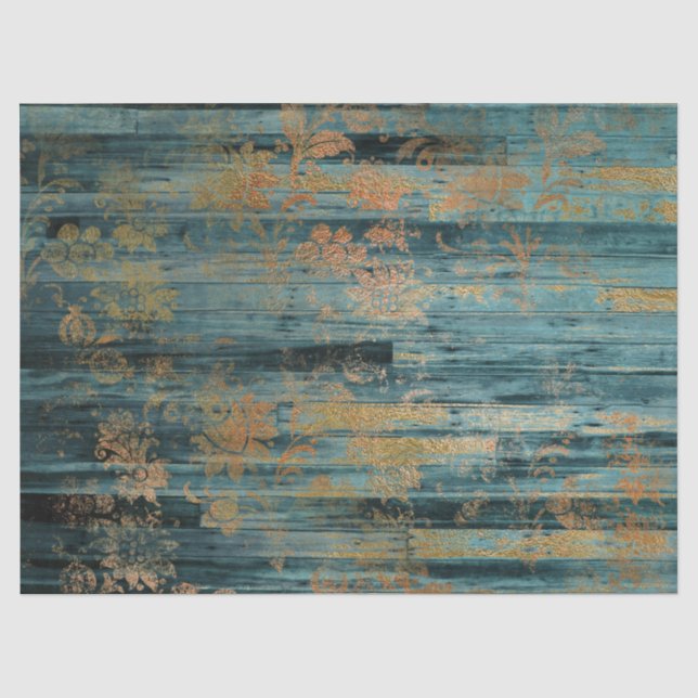 Goldfloral und blaues rustikales Holz Seidenpapier (Vorderseite)