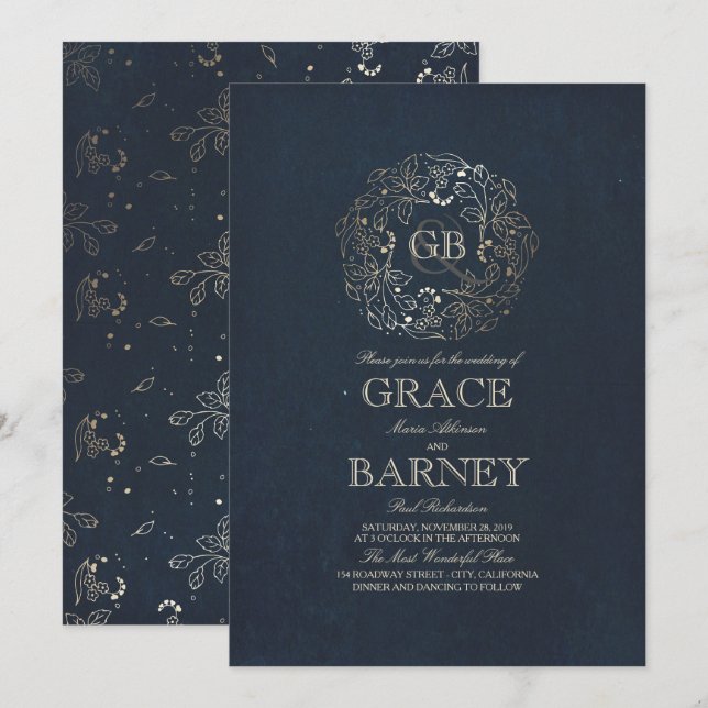 Goldfloraldraht Monogramm Vintage Hochzeit der Mar Einladung (Vorne/Hinten)