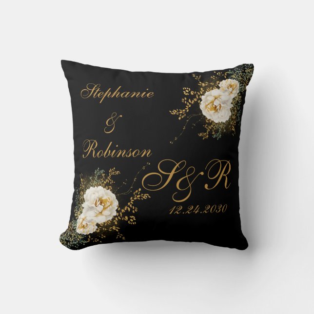 Goldflorale auf Schwarz-Monogramm-Logo-Hochzeit Kissen (Vorderseite)