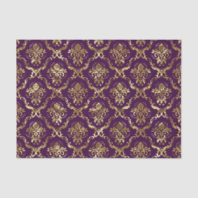 Goldflorale Damasken und Lila Hintergrund Seidenpapier (Vorderseite)