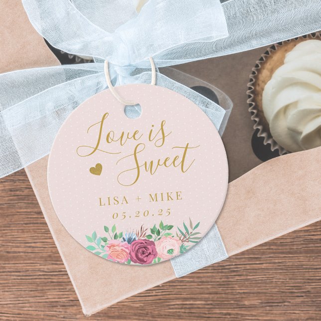 Goldflorale Liebe ist süß-Hochzeitpink Geschenkanhänger (Von Creator hochgeladen)