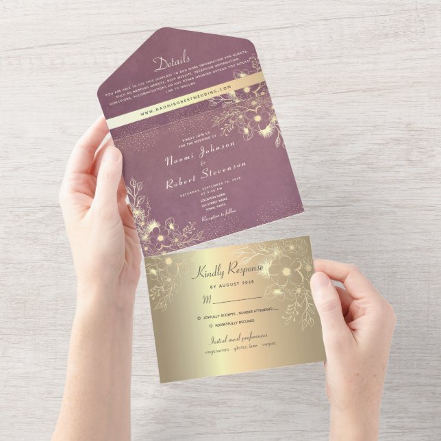 Goldflorale Lila Hochzeit All In One Einladung (Abreißen)