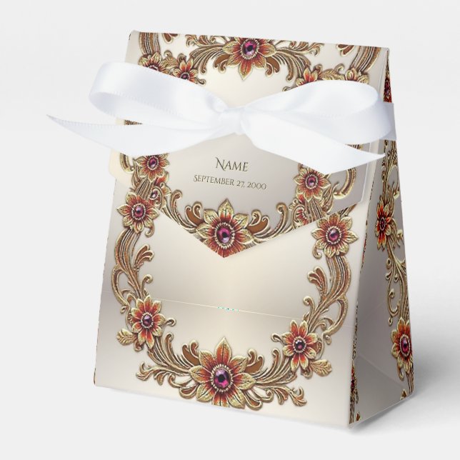 Goldflorale mit roten Steinen - Gefälligkeitsbox Geschenkschachtel (Vorderseite)