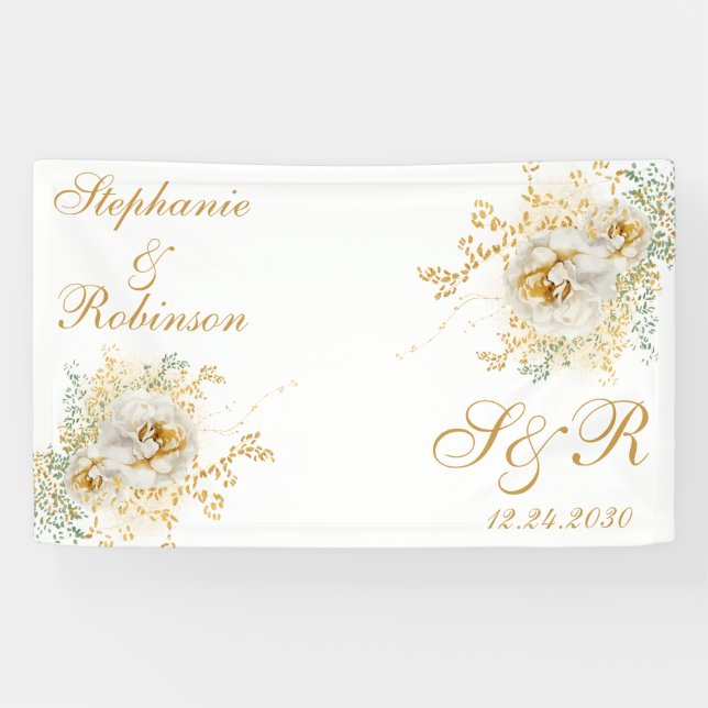 Goldflorale Monogram Logo-Hochzeit Banner (Horizontal)