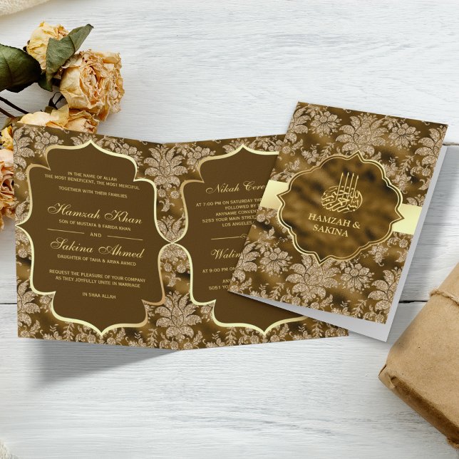 Goldflorale Moss Brown Islamische Hochzeit Einladung (Von Creator hochgeladen)