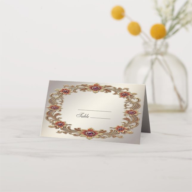 Goldflorale Rahmen mit Rot-Steine-Platzkarte Platzkarte (Vorderseite)