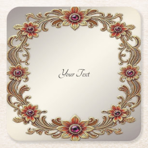 Goldflorale Rahmen mit rotem Stein Papier Unterset Rechteckiger Pappuntersetzer