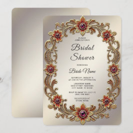 Goldflorale Rahmen mit roten Steinen Brautparty Einladung