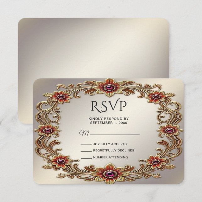Goldflorale Rahmen mit RSVP-Karte mit roten Steine RSVP Karte (Vorne/Hinten)