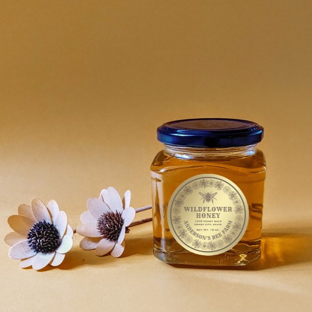 Goldflorale Vintage Bienenhonigjar Runder Aufkleber (Von Creator hochgeladen)