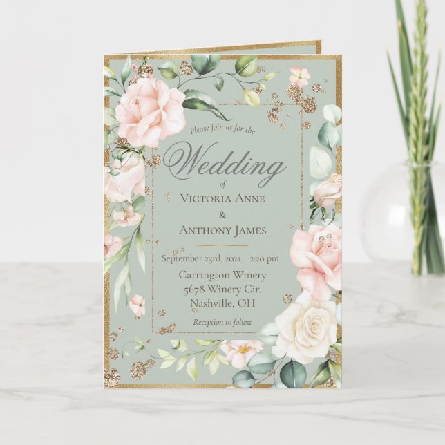 Goldflorale Wasserfarbe Romantische Hochzeit Einladung (Vorderseite)
