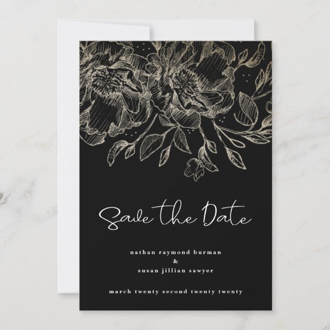 Goldfloralen mit schwarzer Schrift Save The Date (Vorderseite)