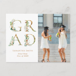 GoldfloralTypografie Modernes Foto Abschluss Einladungspostkarte