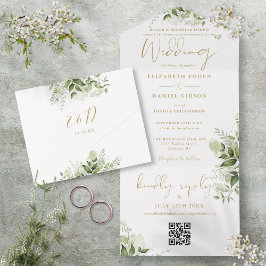 Goldflorengrün QR-Code Feierliche Hochzeit All In One Einladung