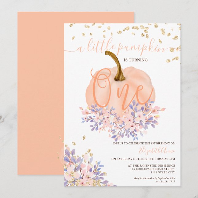 Goldflorenkürbis Aquarell erster Geburtstag Einladung (Vorne/Hinten)